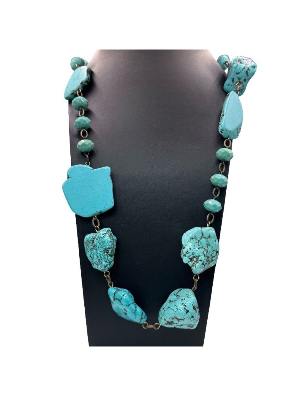 Chicos Chunky Turquoise Statement Necklace Vintage Bronze Chain 41" Bold Heavy